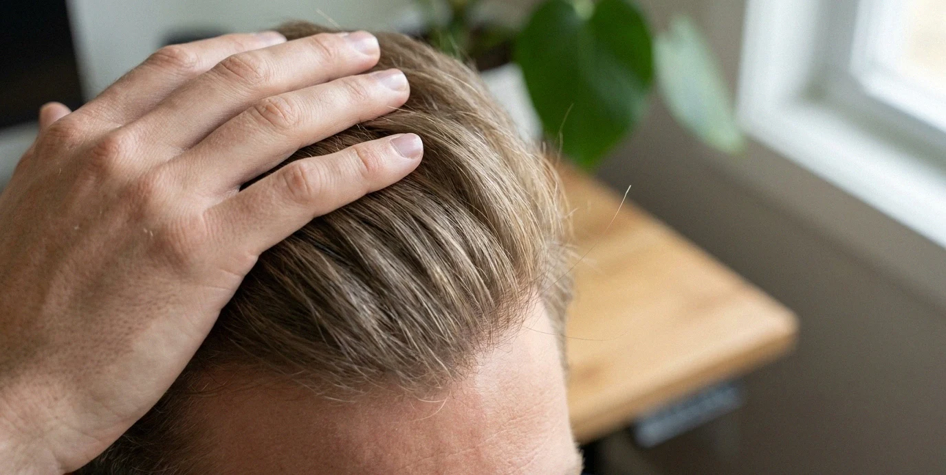 Nahaufnahme von dichtem, vollem Männerhaar nach einer diskreten Haartransplantation in einem hellen Heimbüro.