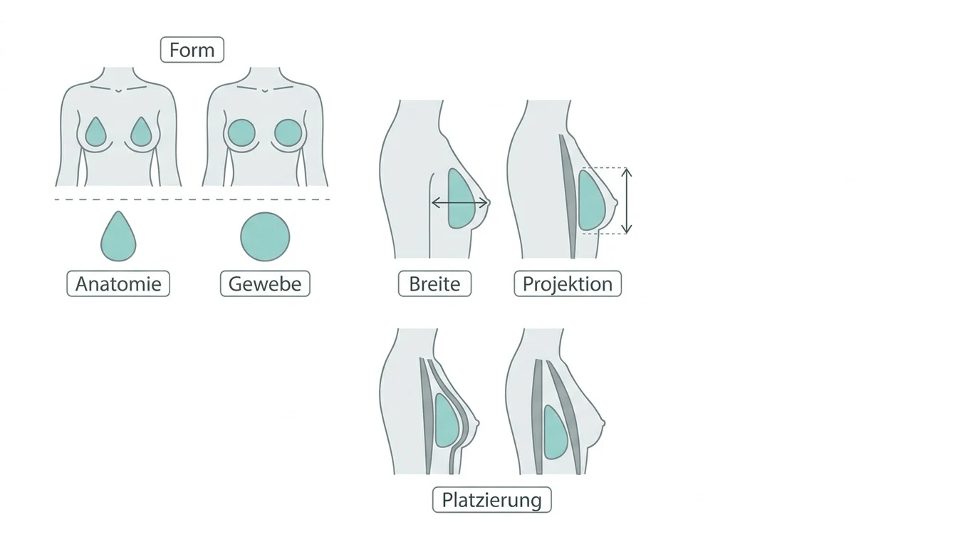 Schematische Darstellung der Faktoren bei der Implantatwahl wie Form, Breite, Projektion und Platzierung für eine Brustvergrößerung.