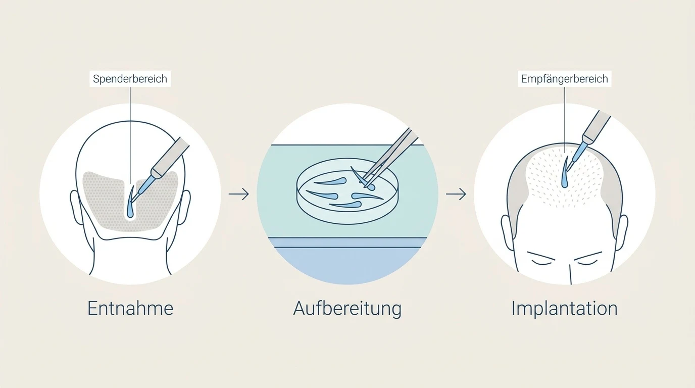 Schematische Darstellung der FUE-Methode bei einer Haartransplantation von der Entnahme bis zum Einsetzen.