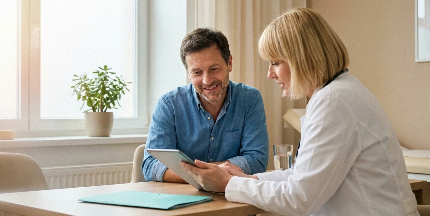 Ein Mann im persönlichen Beratungsgespräch für eine sichere Haartransplantation in einer modernen slowenischen Klinik.
