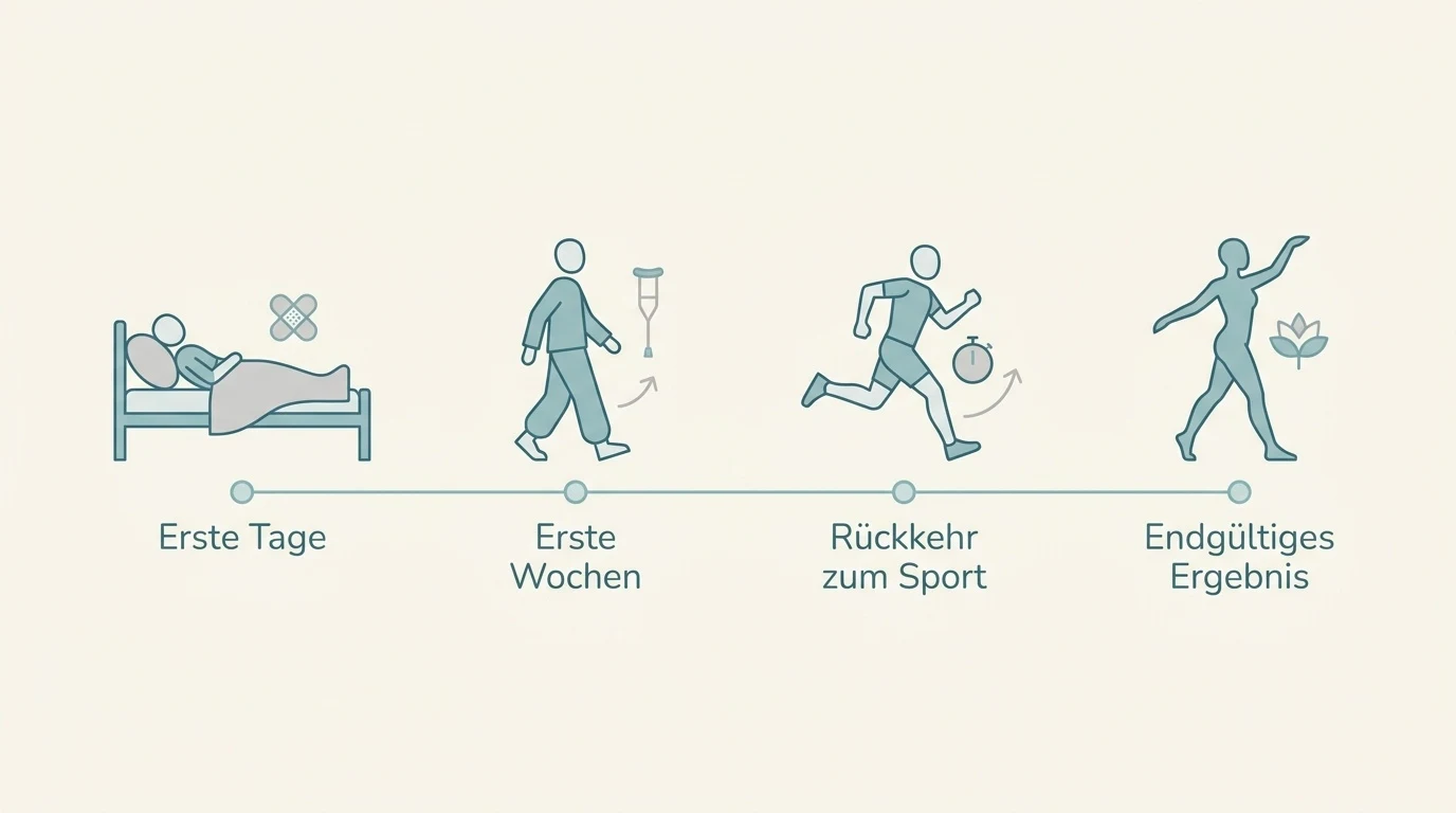 Schematische Darstellung der Erholungsphasen nach einer Fettabsaugung bis zur sicheren Rückkehr zum Sport.