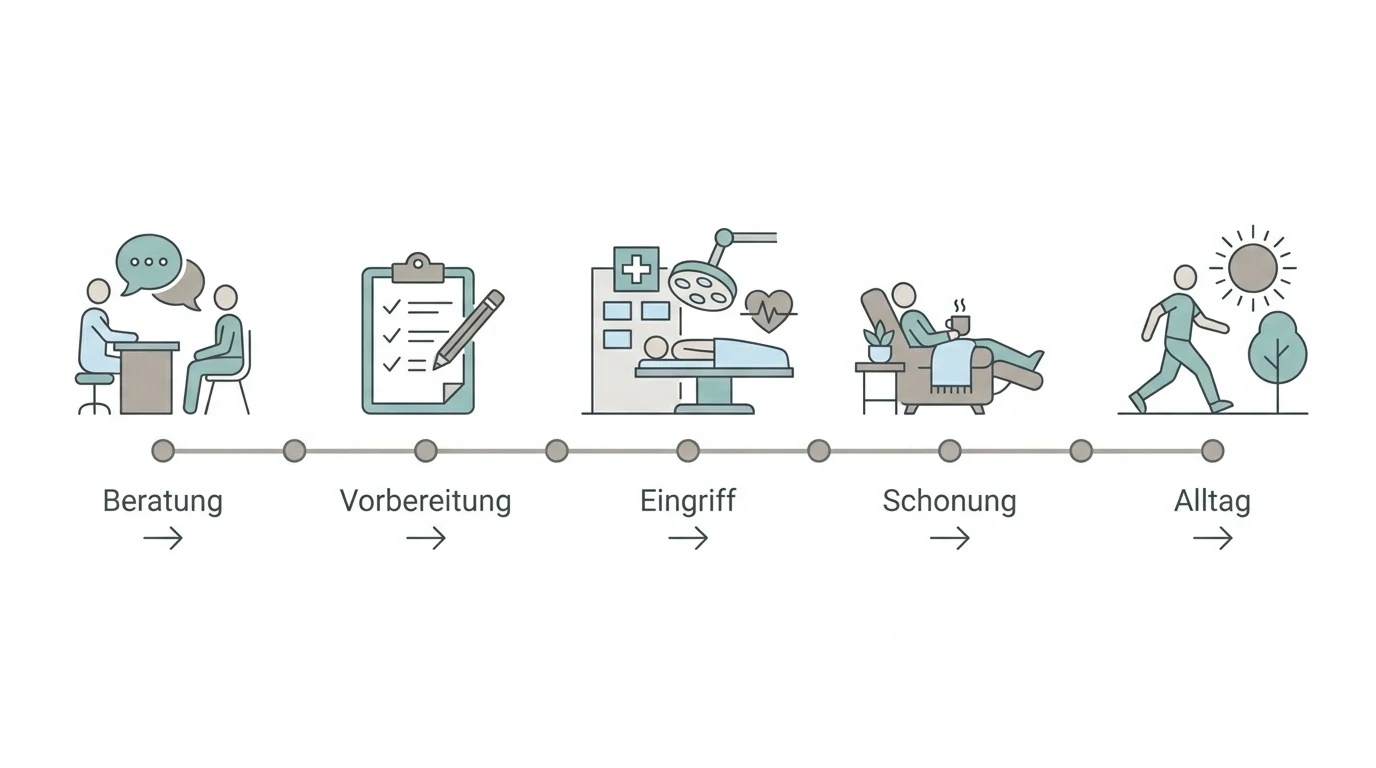 Infografik zum Ablauf einer Bruststraffung in fünf Schritten, von der ersten Beratung bis zur vollständigen Genesung.