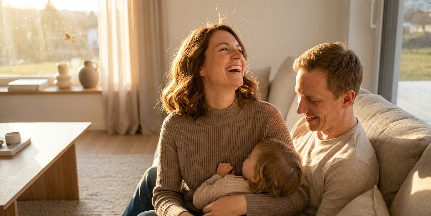 Eine glückliche Mutter im Kreis ihrer Familie im sonnendurchfluteten Wohnzimmer – Symbol für neues Wohlbefinden und Selbstvertrauen nach einer Bruststraffung.