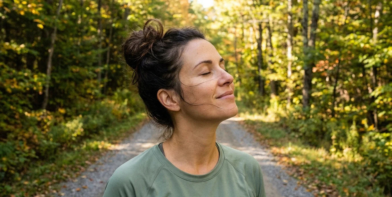 Eine erleichterte Frau im herbstlichen Wald genießt die schmerzfreie Bewegung und neue Freiheit nach einer Brustverkleinerung.