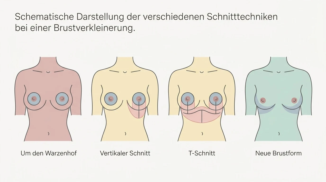 Schematische Darstellung der Schnittführungen bei einer Brustverkleinerung, einschließlich T-Schnitt und vertikaler Methode.