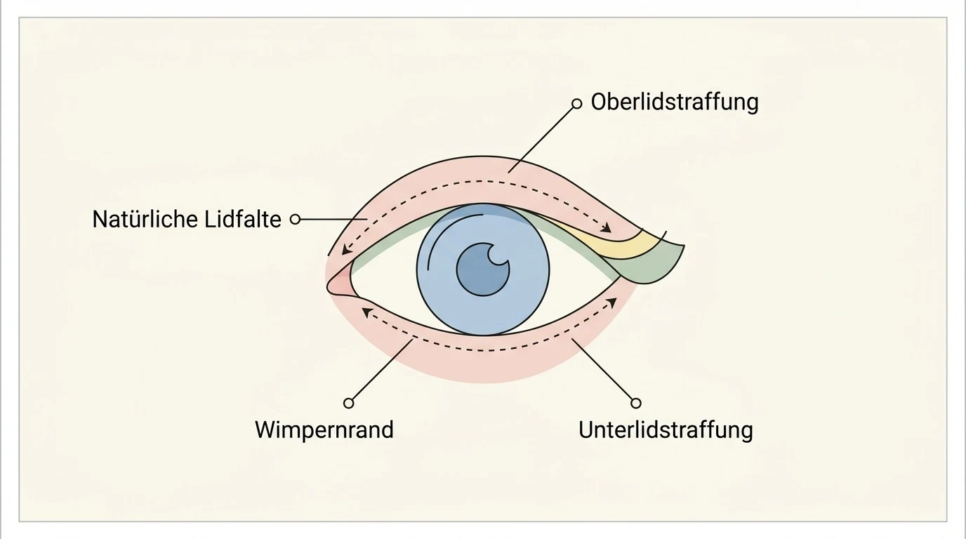Schematische Darstellung einer Augenlidstraffung mit Markierung der Schnittführung am Oberlid und Unterlid.