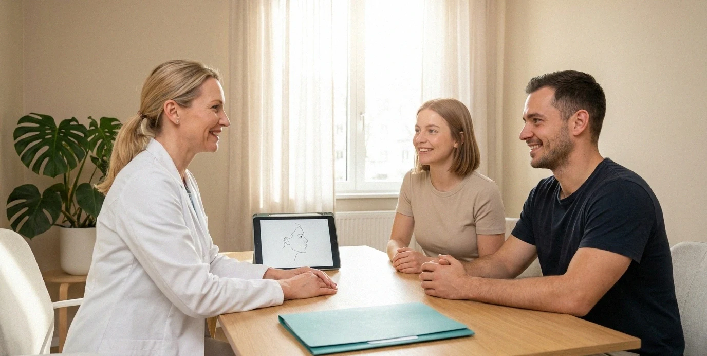 Ein glückliches Paar im Beratungsgespräch für eine Nasenkorrektur in der Klinik Fabjan für ein harmonisches Profil.