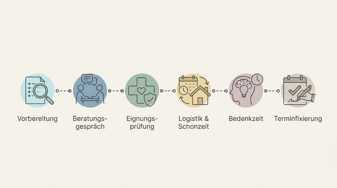 Infografik zum Ablauf der Entscheidungsfindung für eine Brustoperation in sechs Schritten von der Vorbereitung bis zur Terminfixierung.
