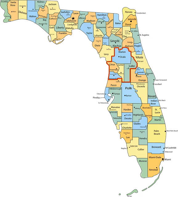 map of Florida with circuit 5 outlined in red