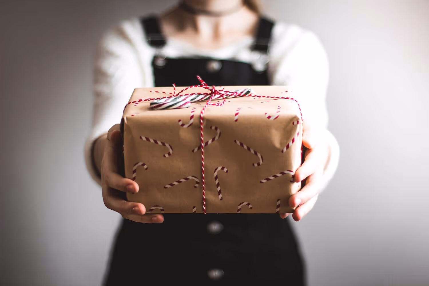 Photo of someone holding up a wrapped Christmas gift