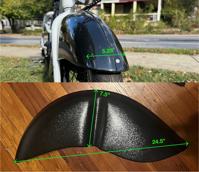 Image of bike fenders with measurements over them. The top image is the width (5.25 inches), the bottom left is the height (7.5 inches) and the bottom right is the length (24.5 inches)
