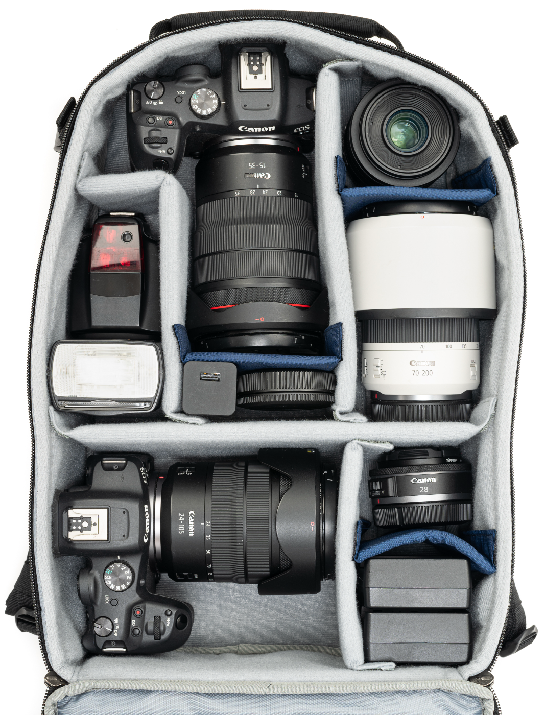 Indeling binnenkant Think Tank Mirrorless Mover Backpack met Canon gear