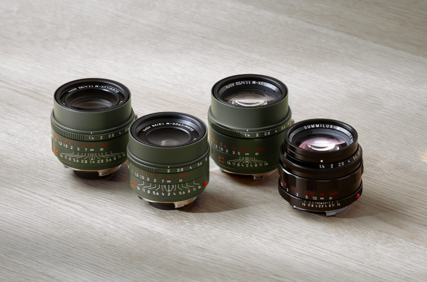 Leica Summilux-M en Summicron-M objectieven in Safari-uitvoering naast Summilux-M 50 mm Classic met glanzend zwarte lak