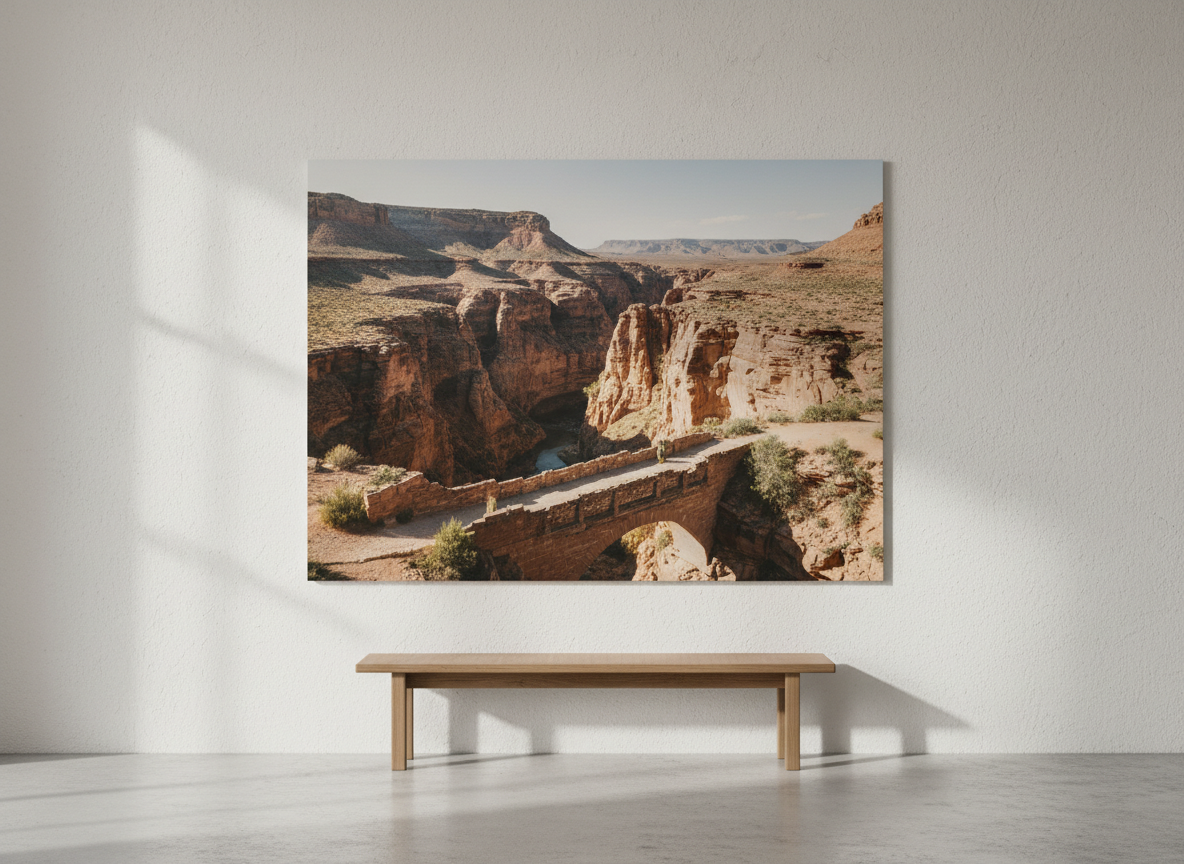 Grote fotoafdruk aan de muur met landschapsbeeld, waarbij scherpte en papierstructuur zichtbaar zijn.