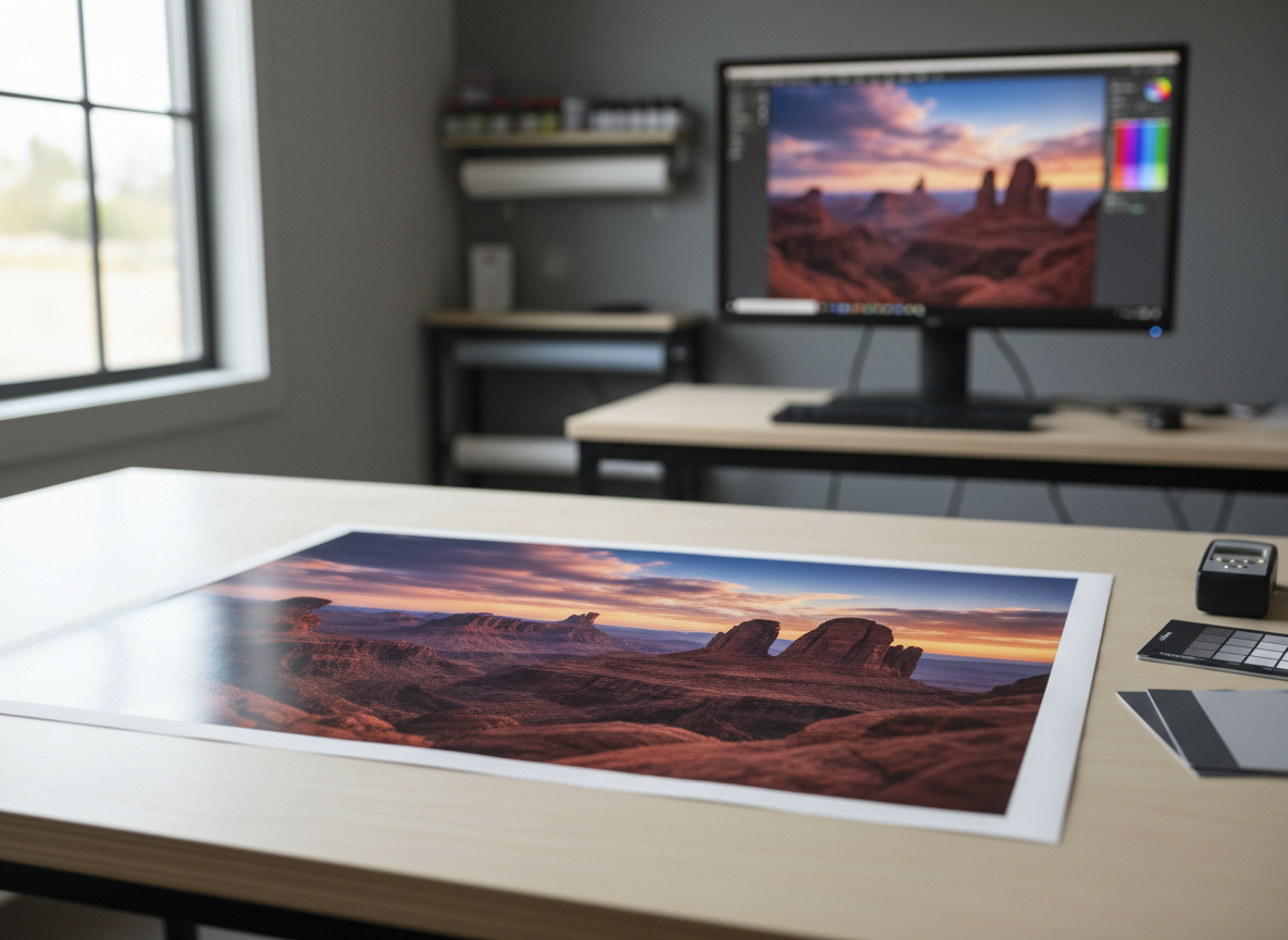 Fotoprint op tafel naast een beeldscherm, met aandacht voor kleurweergave en detail bij het afdrukken van foto’s.
