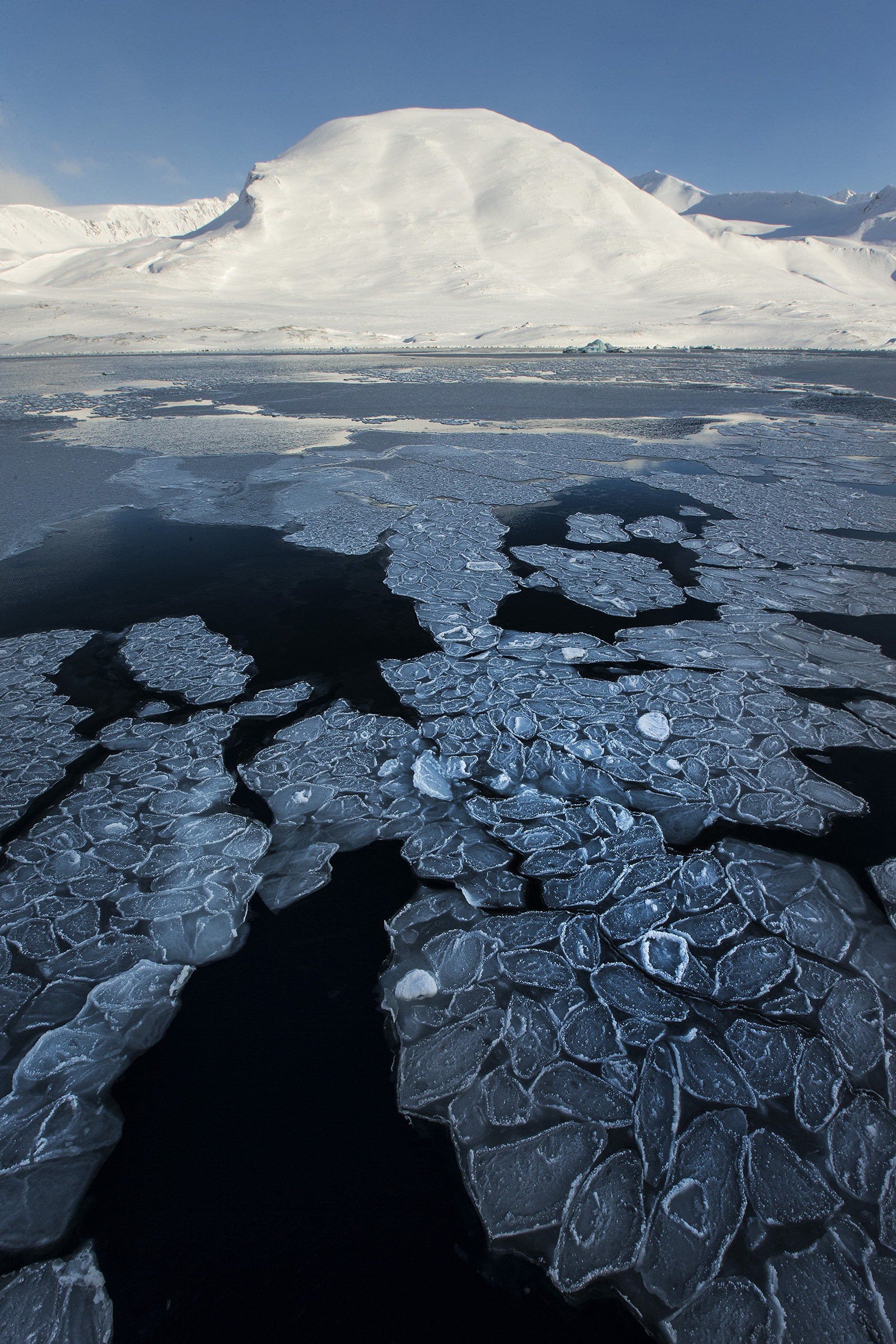 foto van water met gesmolten ijs bij Noordpool en in horizon een witte berg