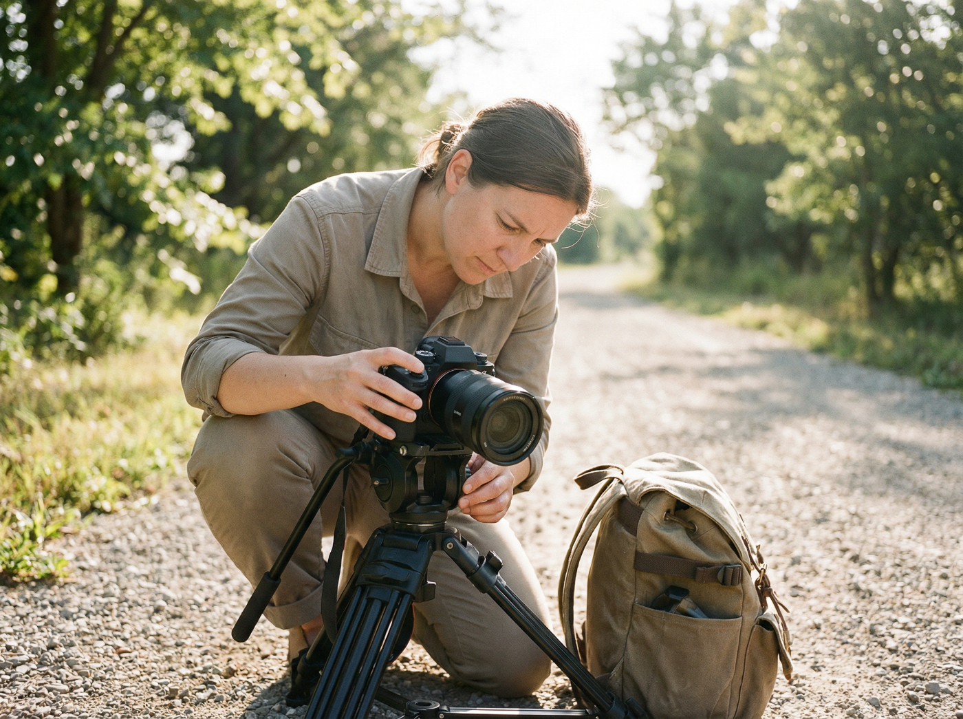 Fotograaf die de camera-instellingen aanpast op een zonnige dag langs een landweg, met een rugtas naast het statief.