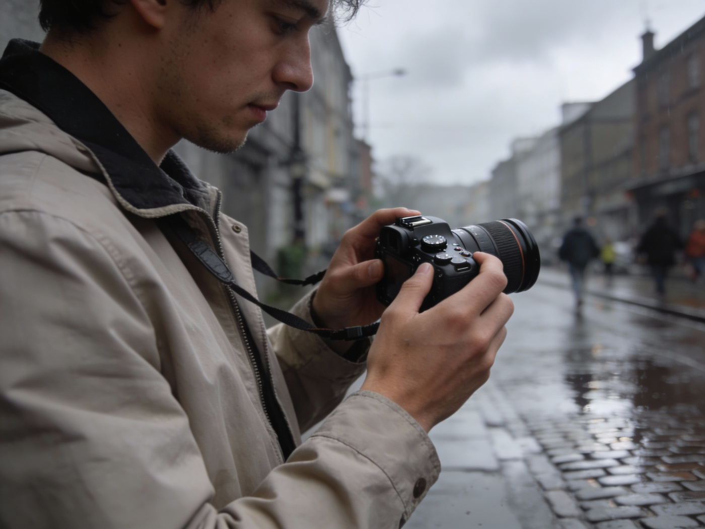 Fotograaf past handmatige belichting aan op een bewolkte dag, met zacht licht en natte straten op de achtergrond.