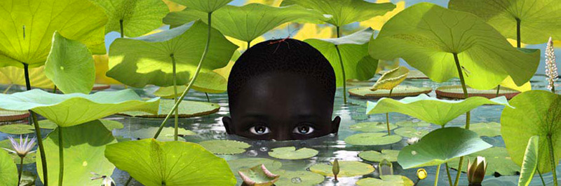 Digitale fotocompositie van een donker kindergezicht tussen groene waterlelies, uit de serie World van Ruud van Empel (2006).