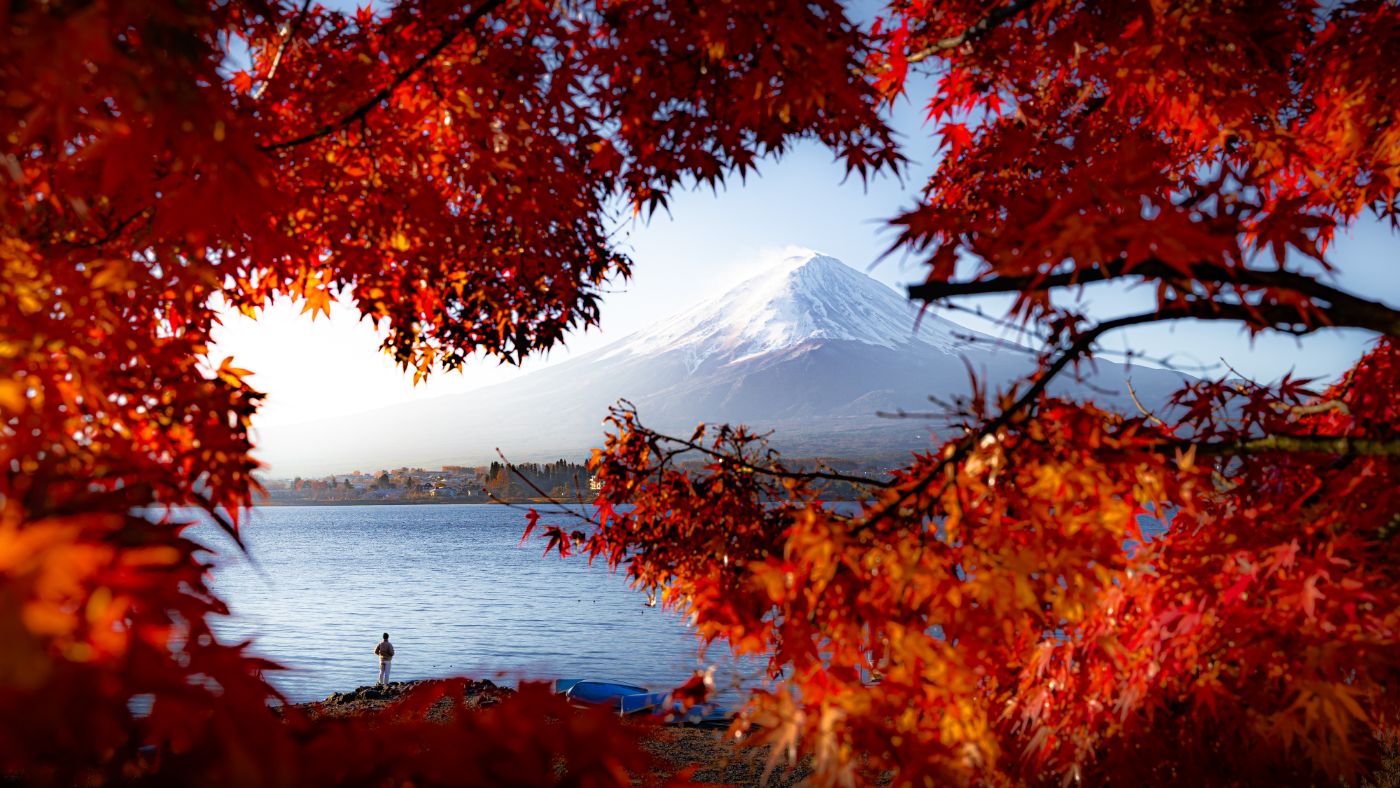 Mount Fuji gezien vanaf het Kawaguchi-meer, omlijst door rode en oranje herfstbladeren, met een persoon die uitkijkt over het water en de besneeuwde berg.