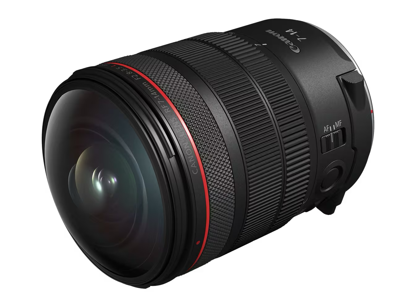 Canon RF 7-14mm F2.8-3.5L FISHEYE STM fisheye-zoomlens, productfoto schuin van voren met ingebouwde zonnekap.