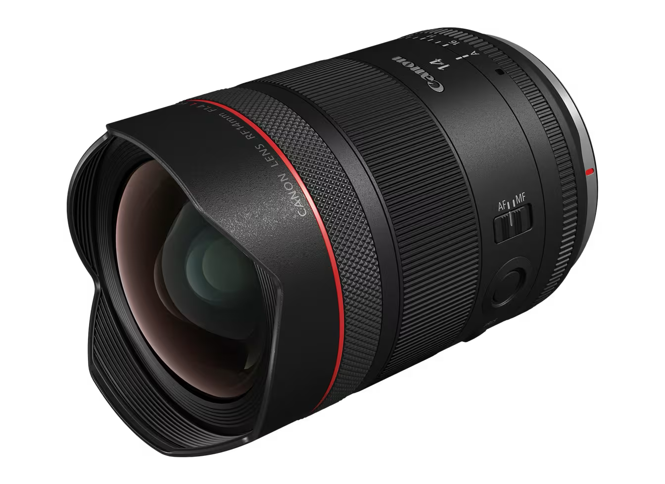 Canon RF 14mm F1.4L VCM ultragroothoeklens, productfoto schuin van voren met zicht op het grote frontelement.