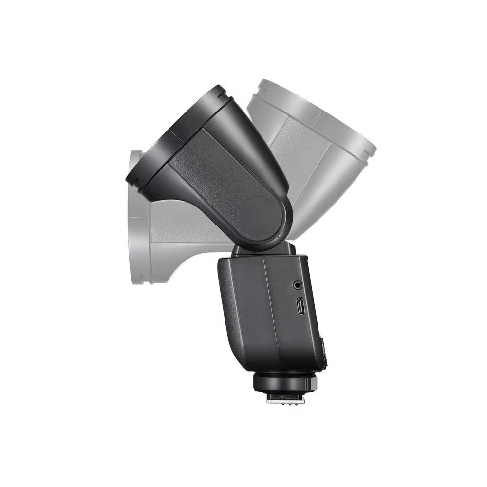 Zijaanzicht van de Godox V1 mid flitser met ronde flitskop en kantelbare draaikop (tilt/rotate), op witte achtergrond.
