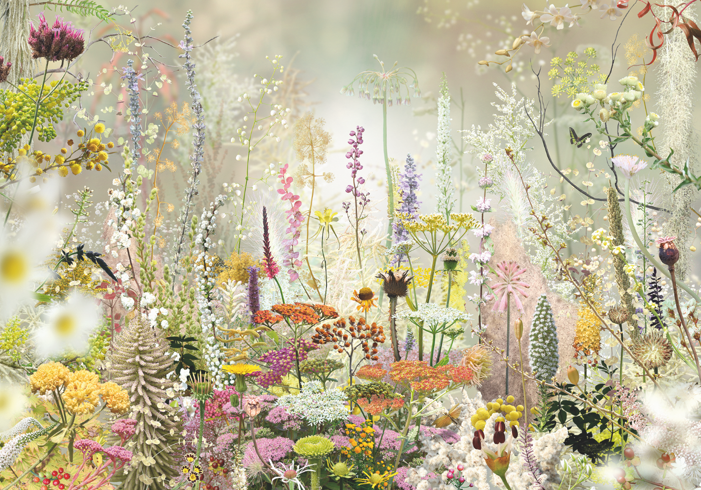 Kleurrijk samengesteld bloemenlandschap van Ruud van Empel met een dichte mix van wilde bloemen en zachte pasteltinten