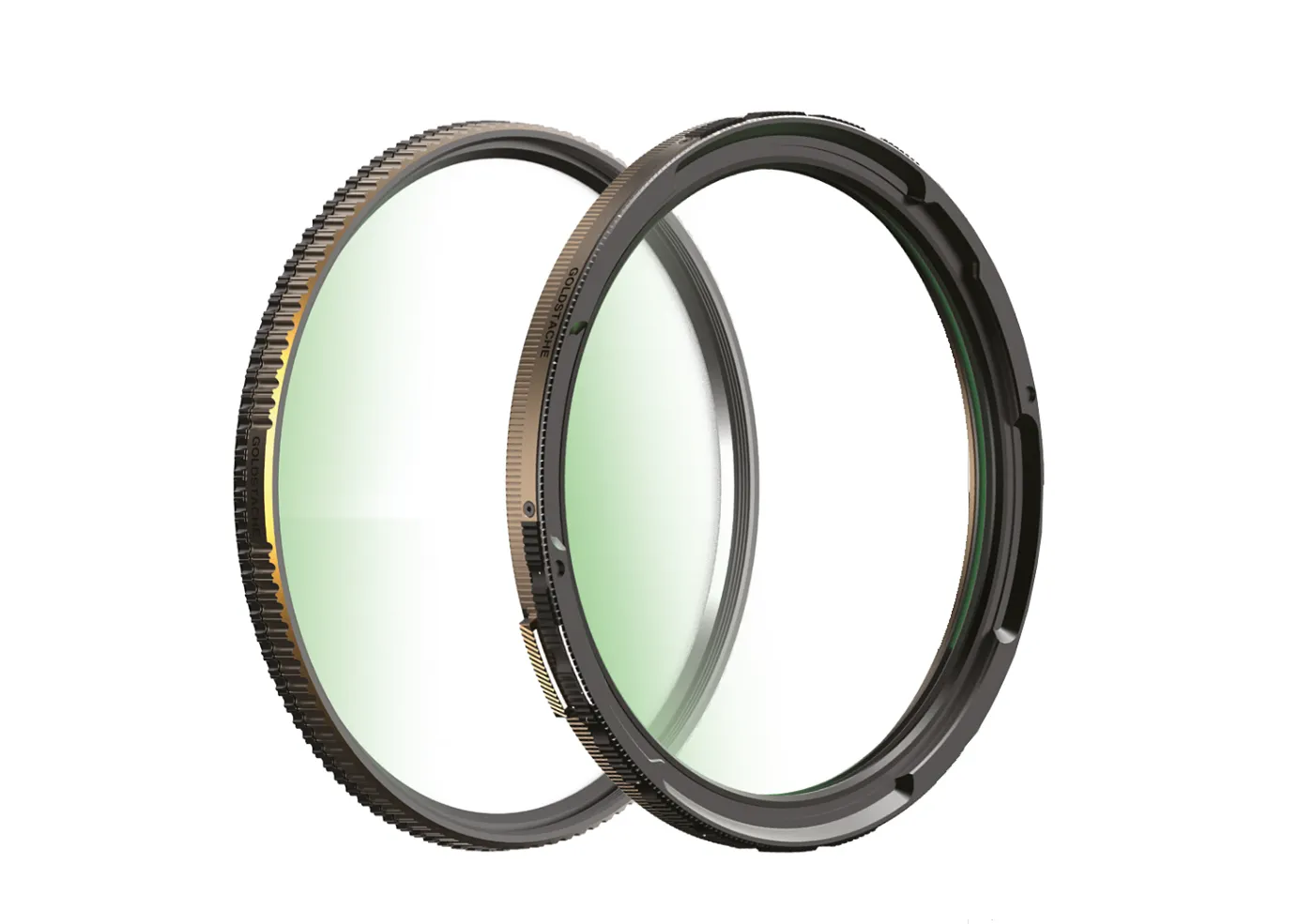 PolarPro Goldstache-filters en Helix MagLock-ring in productopstelling tegen lichte achtergrond
