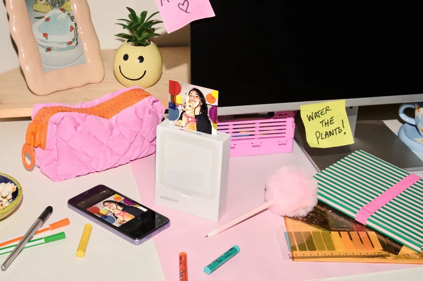 Polaroid Hi-Print 3x3 op een bureau met smartphone, accessoires en vierkante fotoprint in de printer