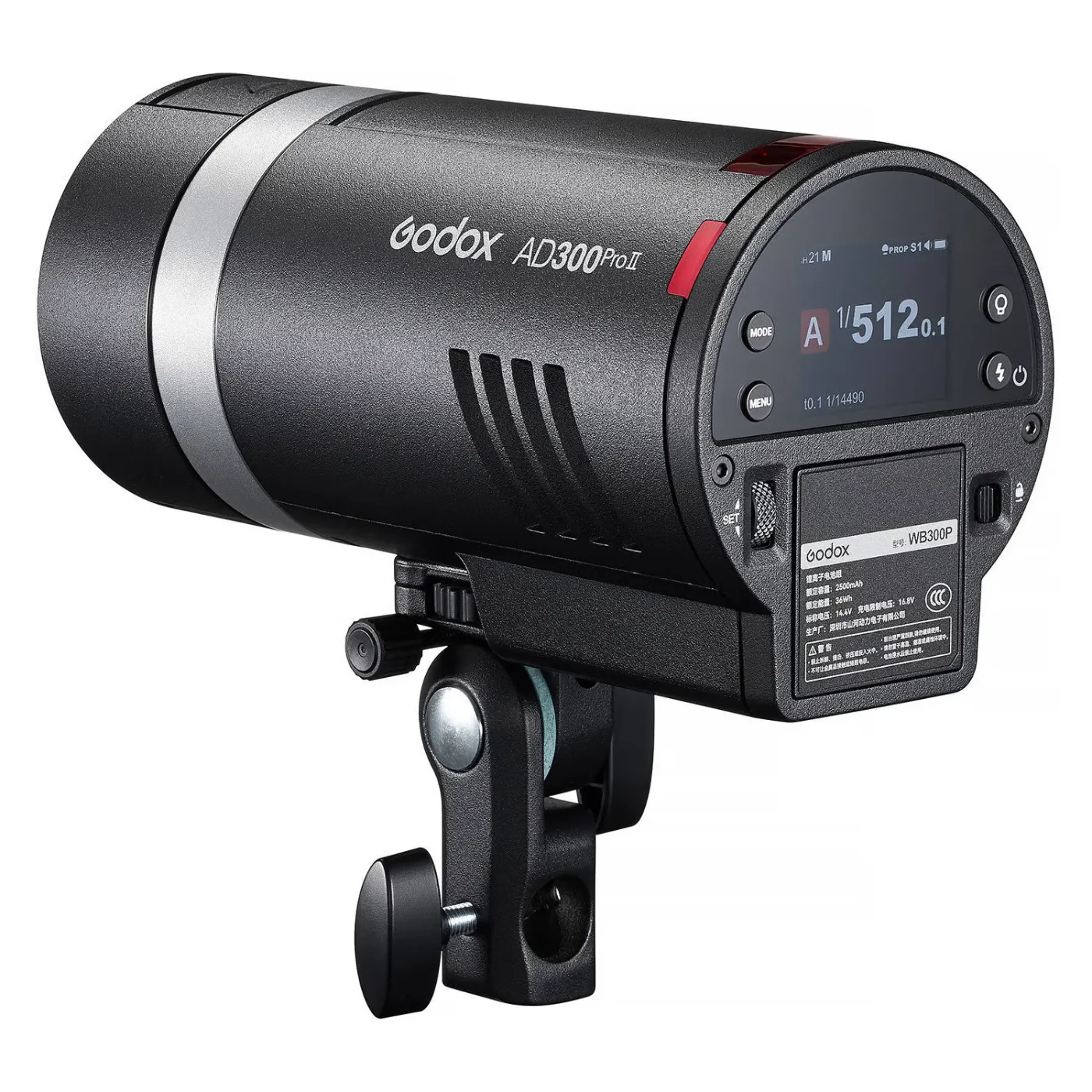 Achterzijde van de Godox AD300 Pro II met kleurenscherm, accu en statiefbevestiging