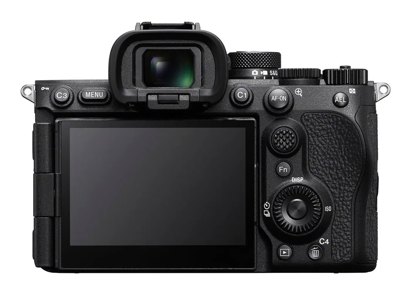 Achterzijde van de Sony A7R VI met elektronische zoeker en kantelbaar scherm