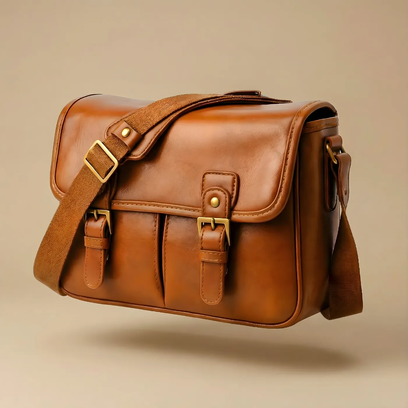 De Retropia Archivist Camera Bag in bruine uitvoering met klassieke vormgeving, dubbele gespsluiting en verstelbare draagriem.