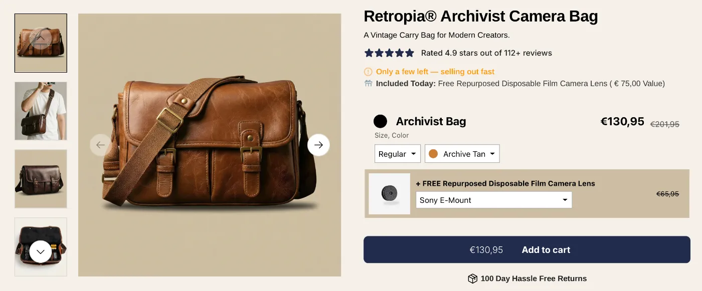 Productpagina van de Retropia Archivist Camera Bag met prijs, kleurvariant en meegeleverde Repurposed Disposable Film Camera Lens.