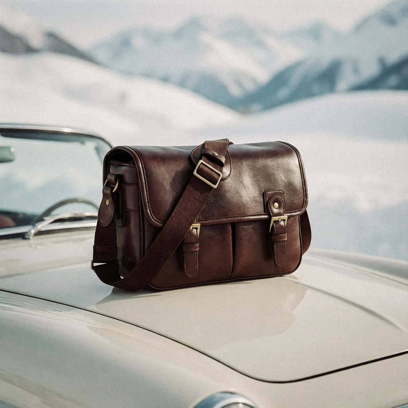 Retropia Archivist Camera Bag geplaatst op de motorkap van een klassieke auto met besneeuwde bergen op de achtergrond.