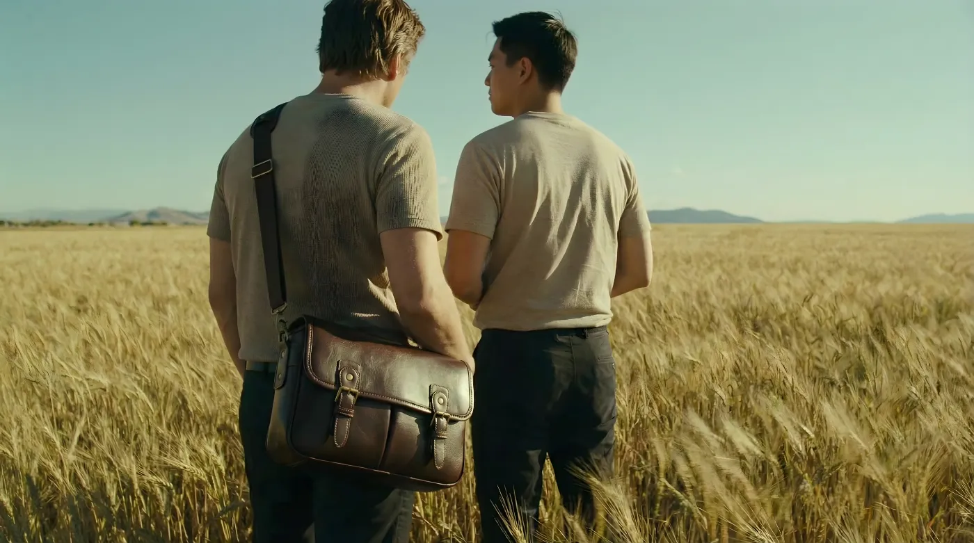 Twee personen staan in een goudkleurig graanveld terwijl één van hen een Retropia Archivist Camera Bag over de schouder draagt.