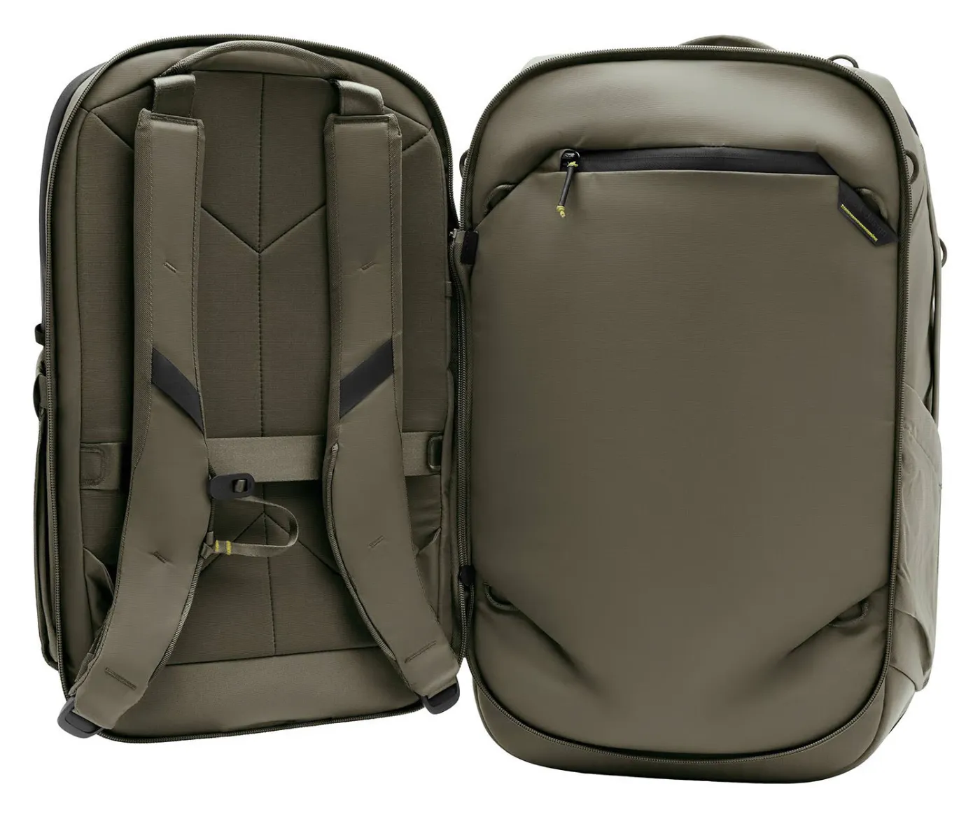 Peak Design Travel Backpack 2-in-1 met de 34 liter basistas en 16 liter daypack naast elkaar.