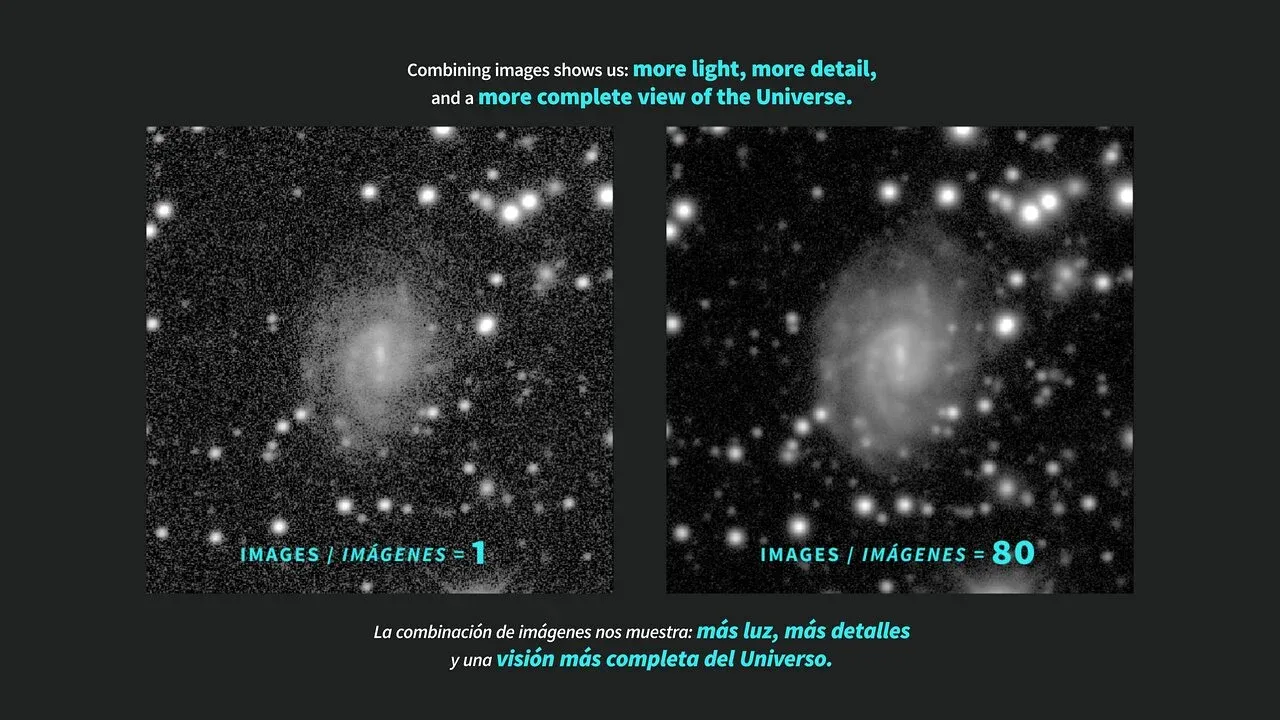Vergelijking van één opname en tachtig gecombineerde opnamen van een sterrenstelsel door de LSST-camera