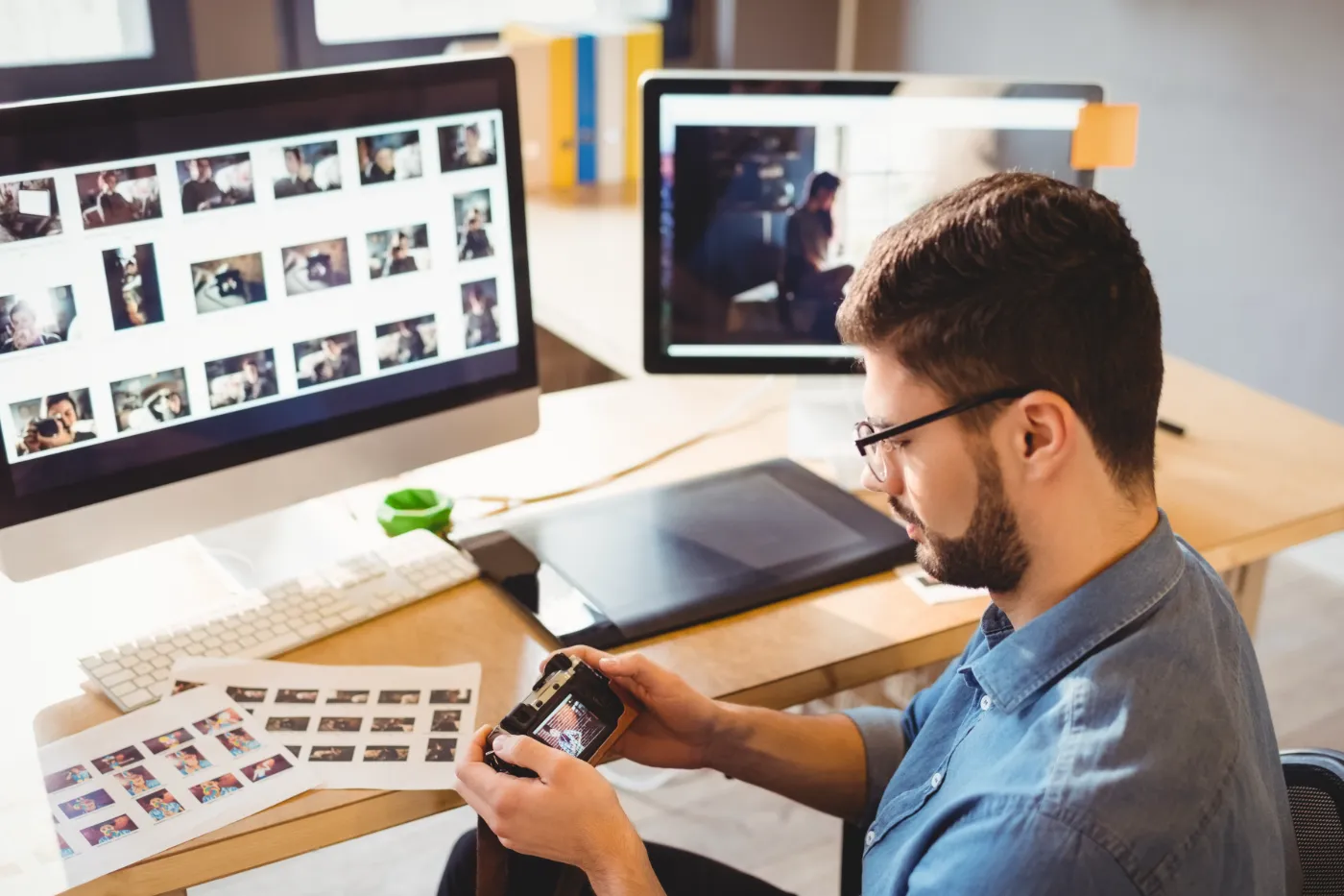 Fotograaf selecteert en bewerkt foto’s achter een bureau met twee beeldschermen