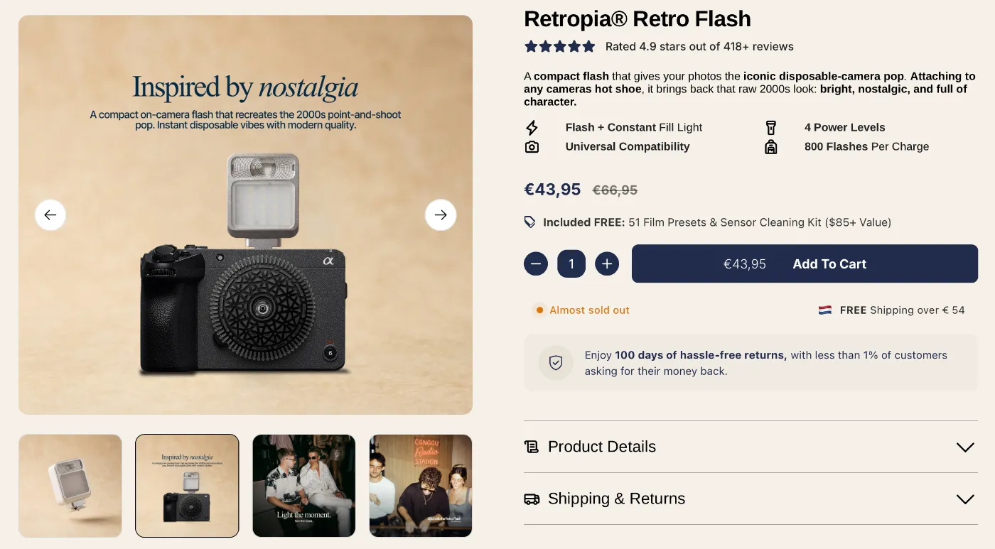 Productpagina van de Retropia Retro Flash met prijs, functies en winkelwagenknop