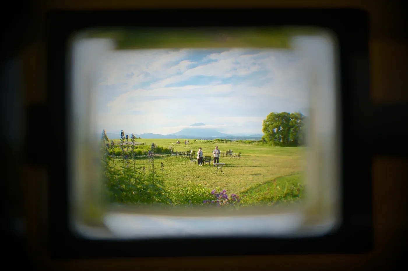Uitzicht door de zoeker van de Kodak EC35 op een zonnig landschap met mensen in de verte.