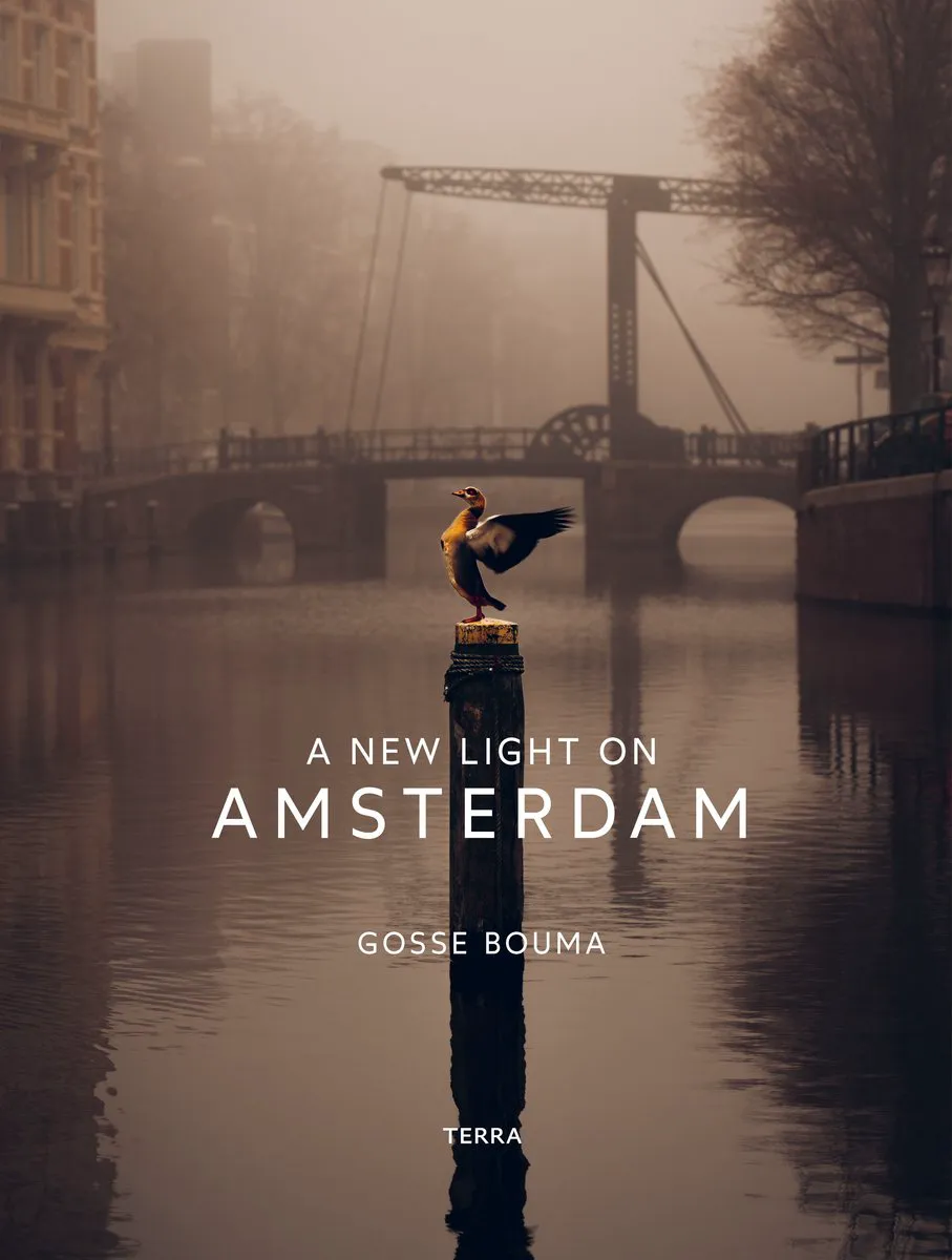 Boekomslag van A New Light on Amsterdam van Gosse Bouma, met een gans op een paal voor een mistige Amsterdamse brug.