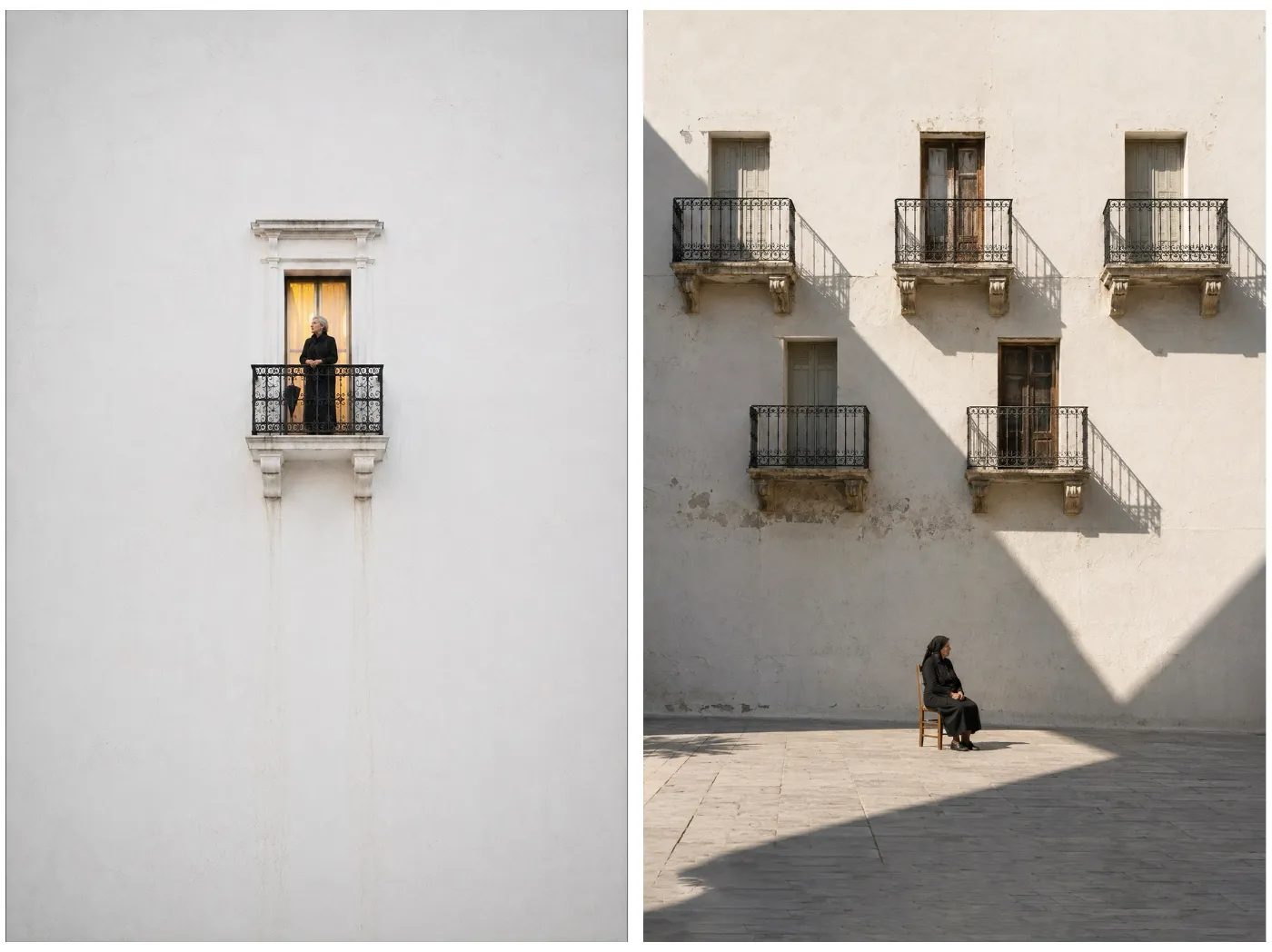 Twee foto’s van witte gevels met balkons, slagschaduwen en een vrouw op een balkon en op een stoel.