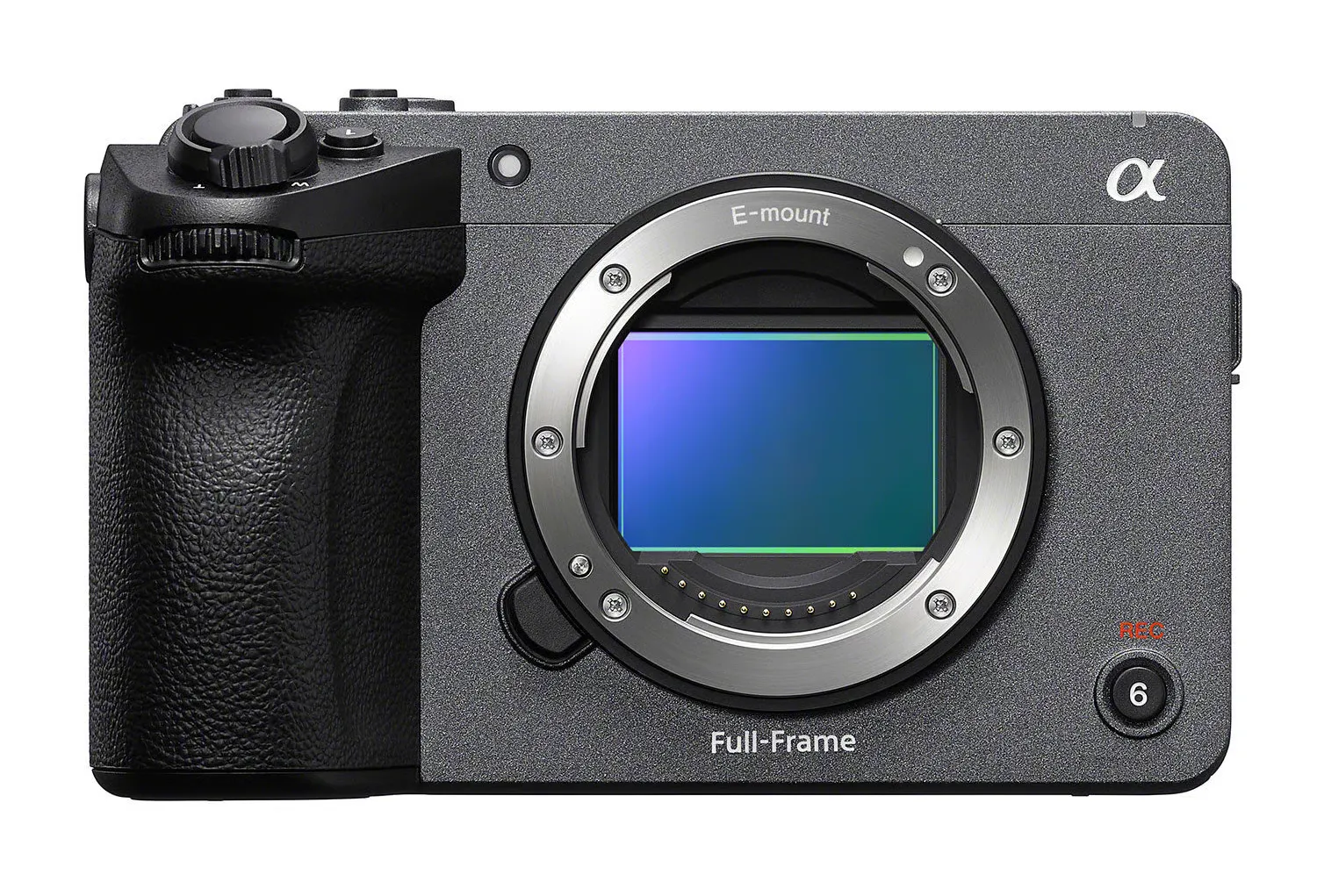 Voorzijde van de Sony FX5-camera zonder lens, met zicht op de E-mount en full-frame sensor.