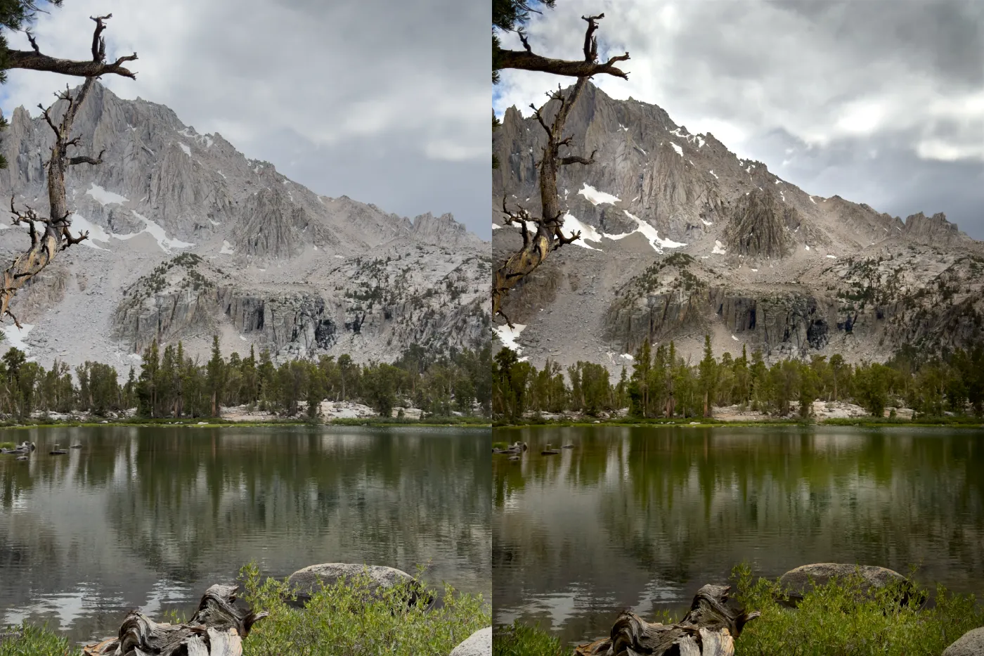 Vergelijking van een JPG links en een bewerkte RAW-foto rechts van een bergmeer bij Kearsarge Pass.