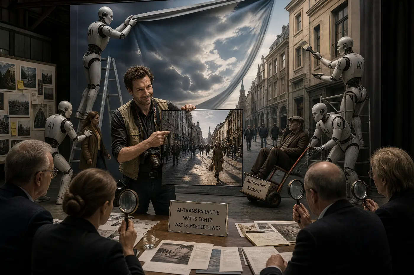 Fotograaf toont een stadsfoto terwijl robots met AI-markeringen een decor en scène opbouwen voor een tafel met beoordelaars