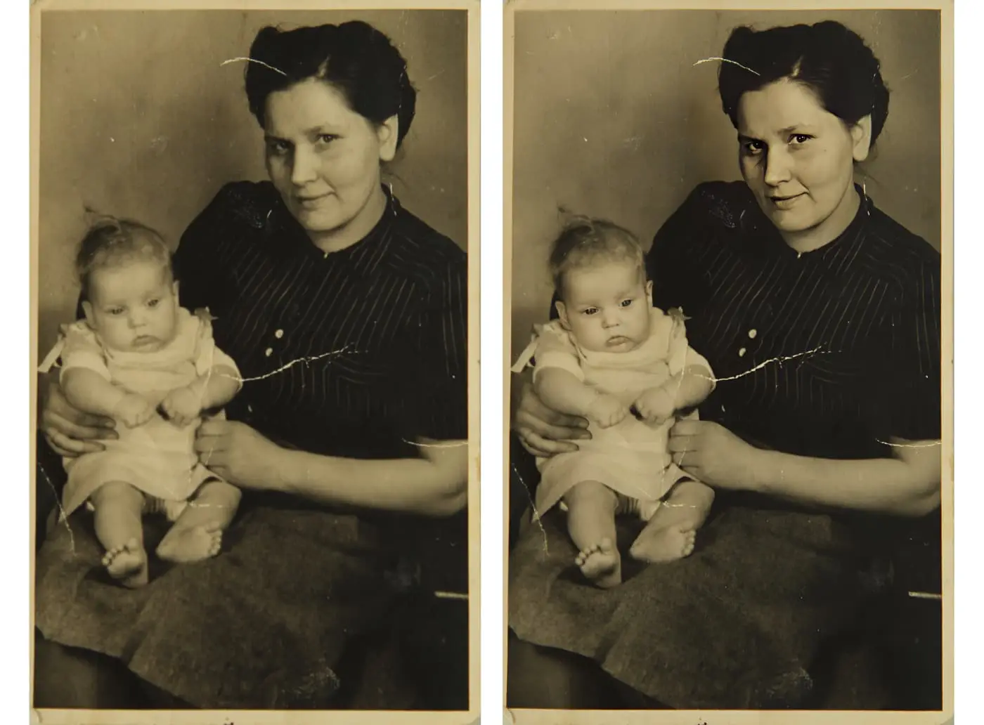 Voor en na: oude foto van moeder en baby gerestaureerd en verscherpt met AI