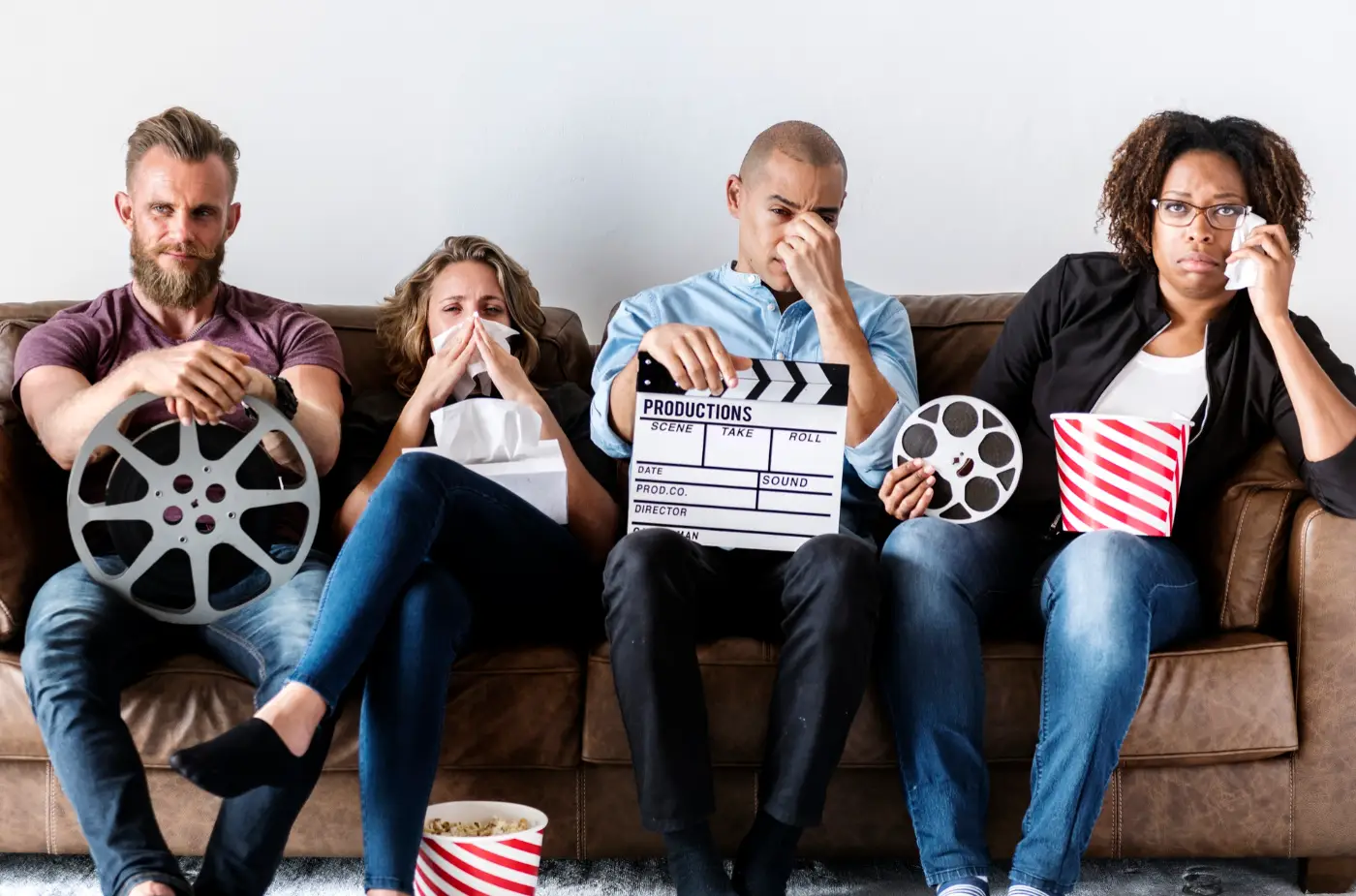Vier mensen op een bank met filmspoelen, een filmklapper en een bak popcorn.