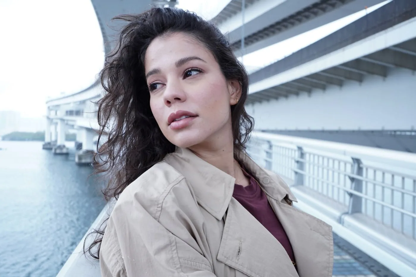 Woman on a bridge, photographed with a Sony wide-angle lens