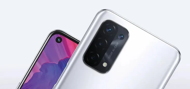 Front and back of two smartphones with multiple camera lenses